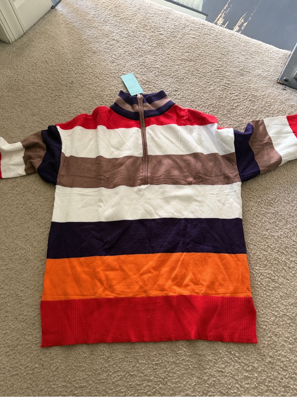 Women's Striped Half-Zip V-Neck Sweater in Red, Orange, Navy, Brown and White